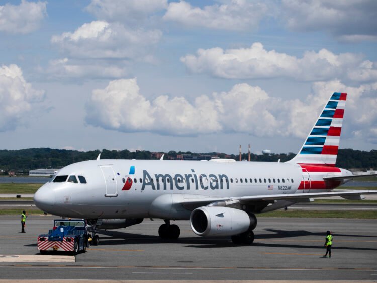 This June 2, 2021, photo shows an American Airlines aircraft at Ronald Reagan Washington National Airport in Arlington, Va. (AP Photo/Jenny Kane)